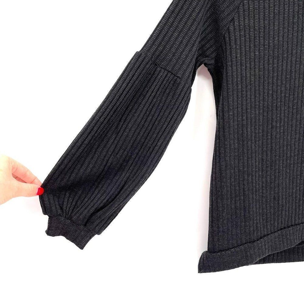Status By Chenault Black Rib Knit Crewneck‎ Lantern Sleeve Soft Top NWT Women XS - Picture 3 of 7